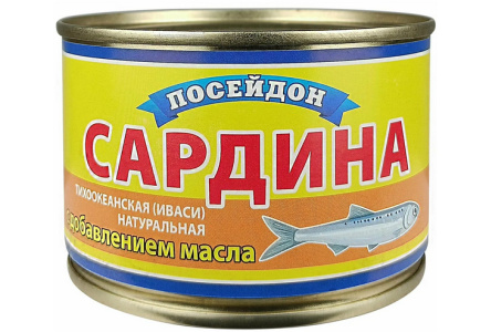 Сардина ПОСЕЙДОН 230гр Иваси натуральная в масле т/о ж/б 1/48шт