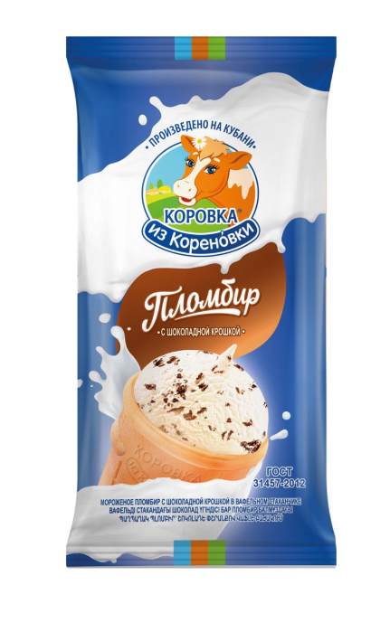 Мороженое КОРОВКА ИЗ КОРЕНОВКИ 80/100гр Пломбир ванильный с шоколадной крошкой ваф/ст 1/30шт