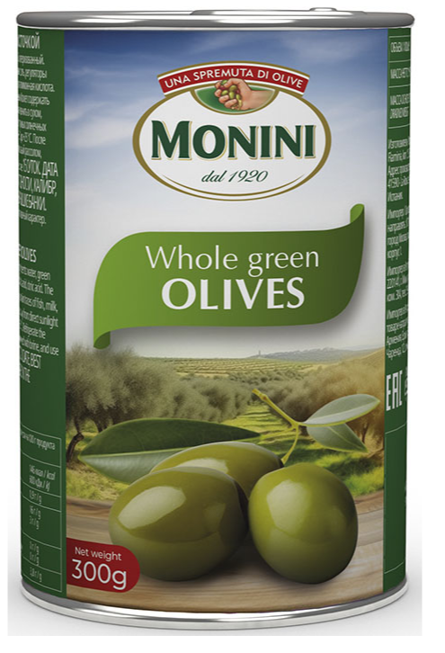 Оливки MONINI 300гр зеленые с косточкой ж/б 1/12шт