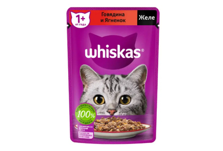 Корм д/кошек WHISKAS 75гр Желе Говядина/ягненок 1/28шт